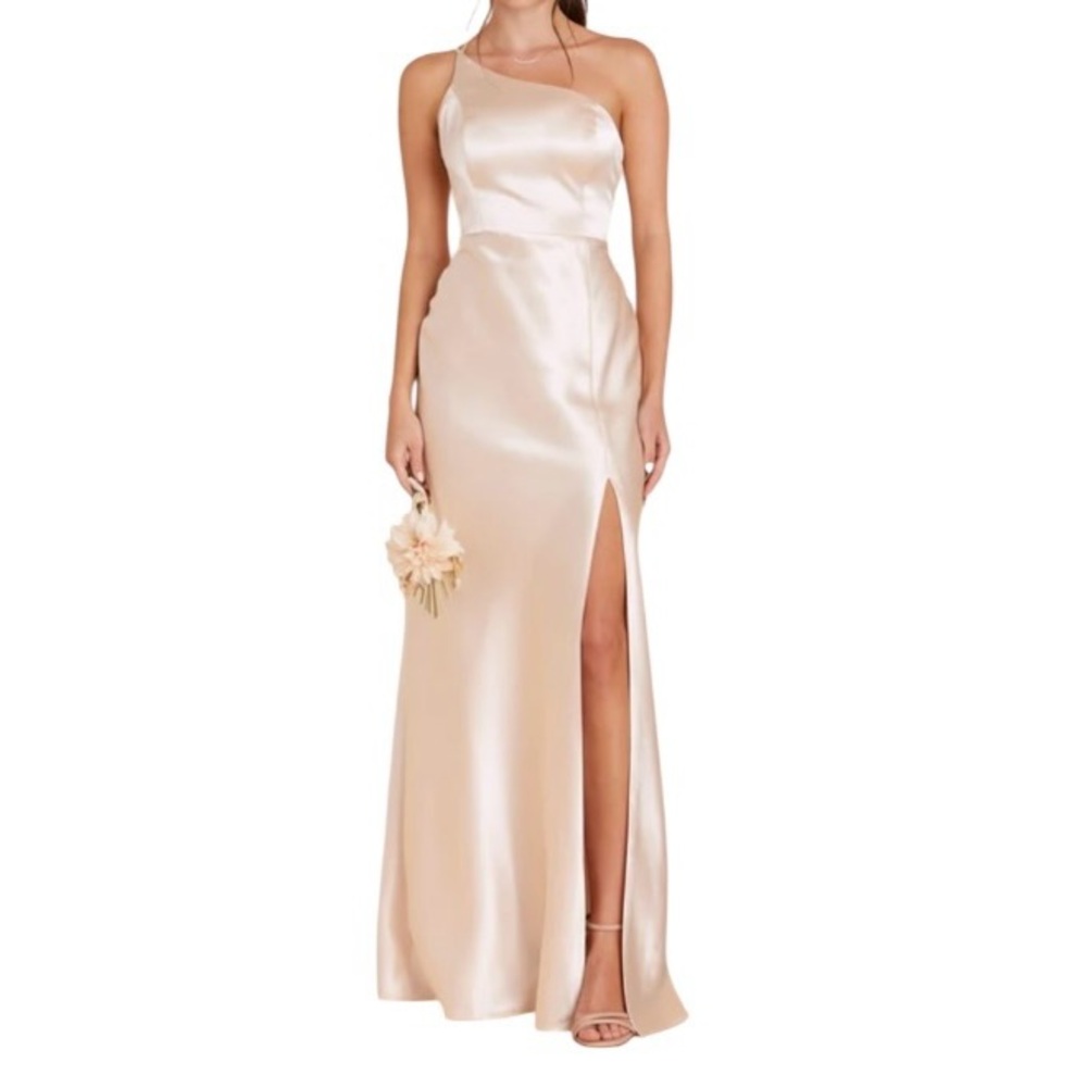 Birdy Grey Kensie Shiny Chanpagne One Shoulder Full Length Dress Small NWT